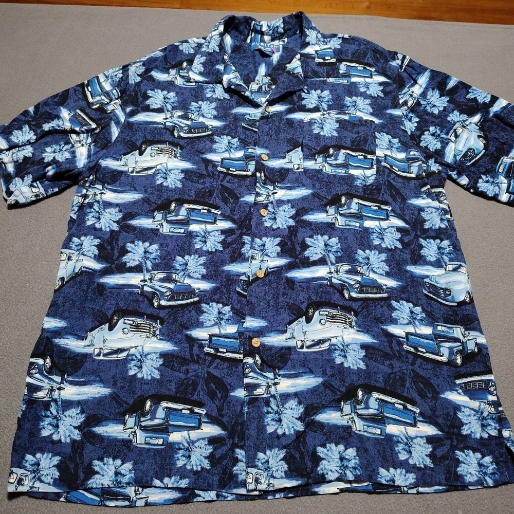 Puritan Shirt Men L (42-44) Blue Vintage Trucks Rayon Island Vacation Relaxed‎